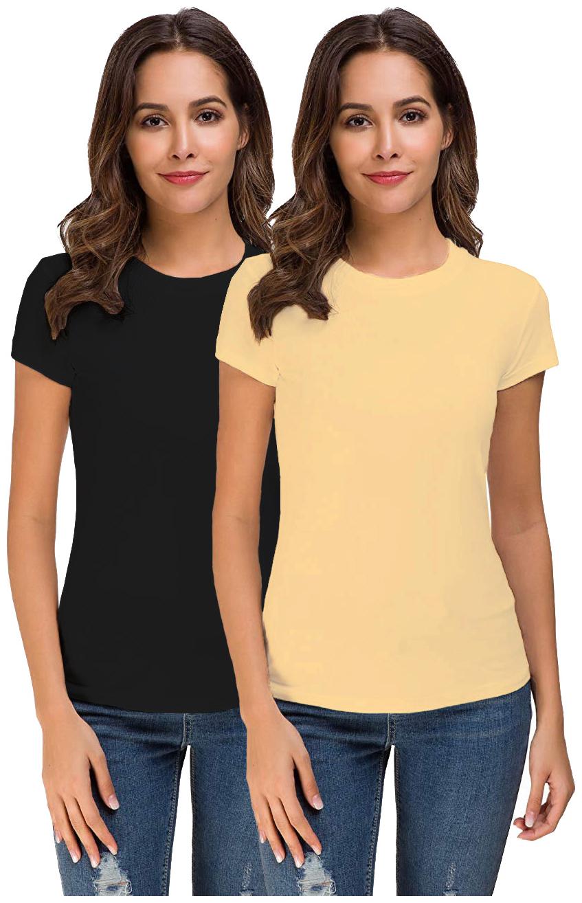 

THE BLAZZE Women Black Beige Regular fit Round neck Cotton T shirt