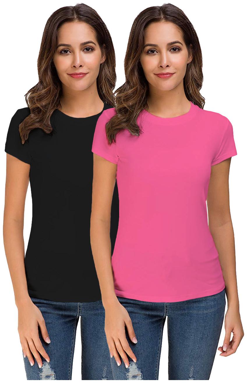 

THE BLAZZE Women Black Pink Regular fit Round neck Cotton T shirt