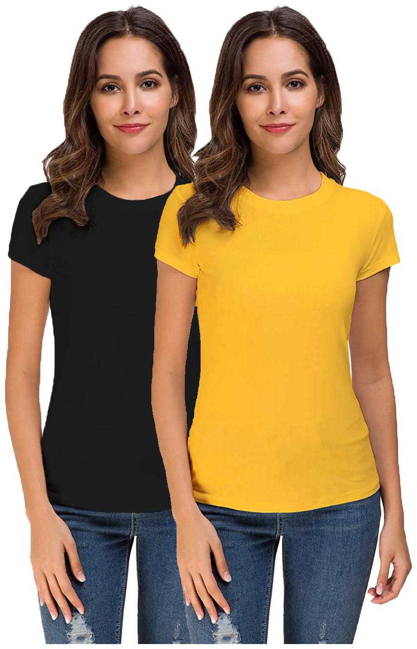 

THE BLAZZE Women Black Yellow Regular fit Round neck Cotton T shirt