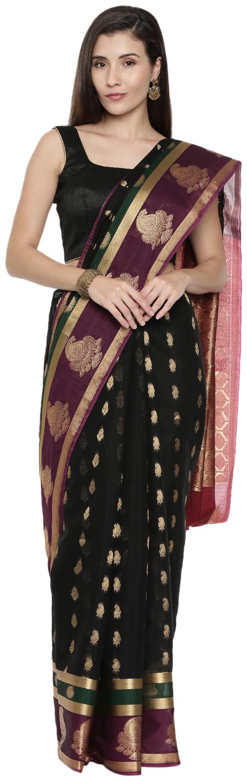 

The Chennai Silks Women Cotton Black Regular Saree With Blouse