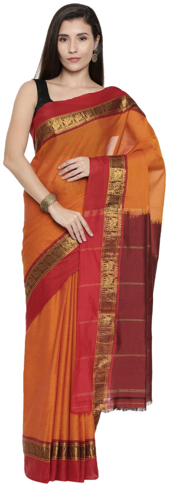 

The Chennai Silks Women Cotton Blend Orange Regular Saree With Blouse