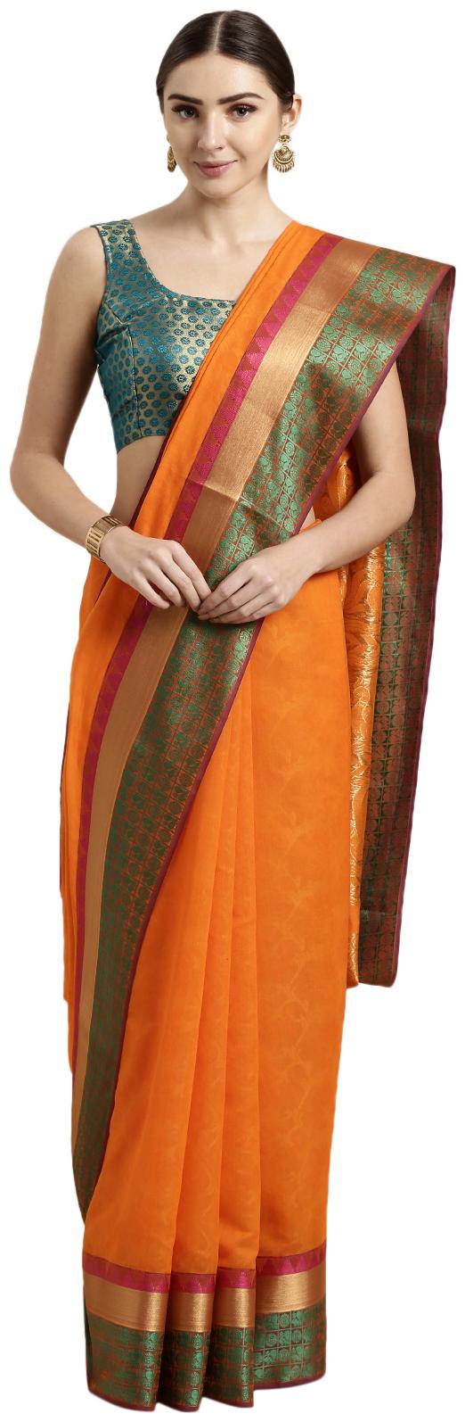 

The Chennai Silks Women Cotton Orange Regular Saree With Blouse