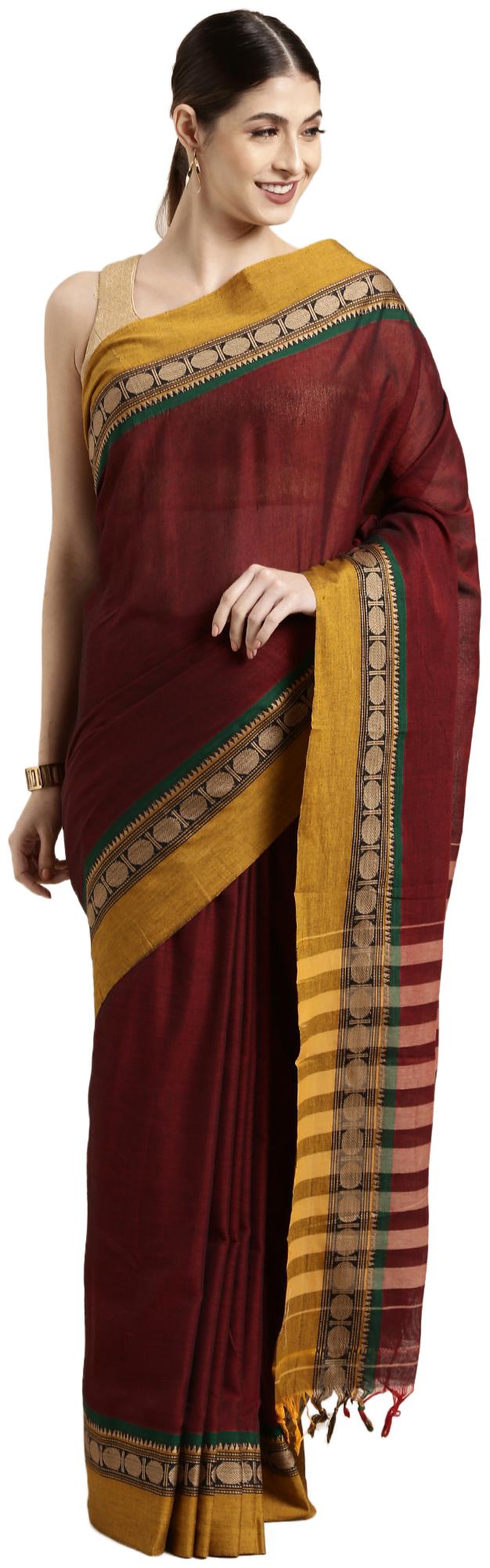 

The Chennai Silks Women Cotton Blend Maroon Regular Saree With Blouse