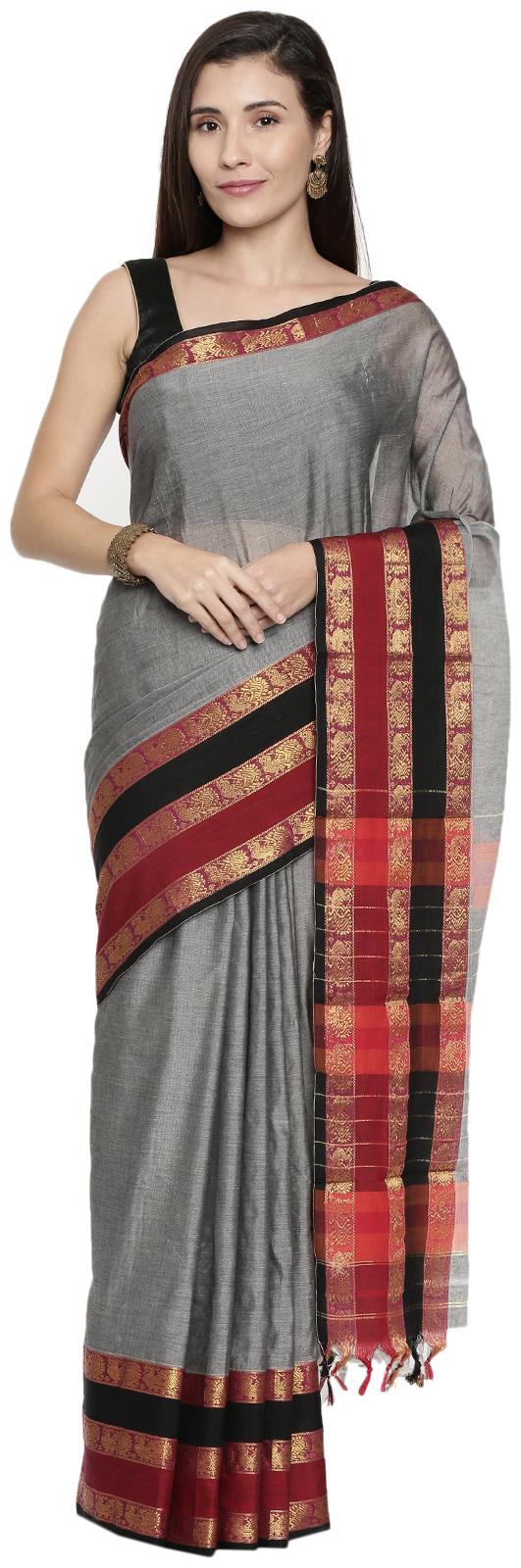 

The Chennai Silks Women Cotton Blend Grey Regular Saree With Blouse