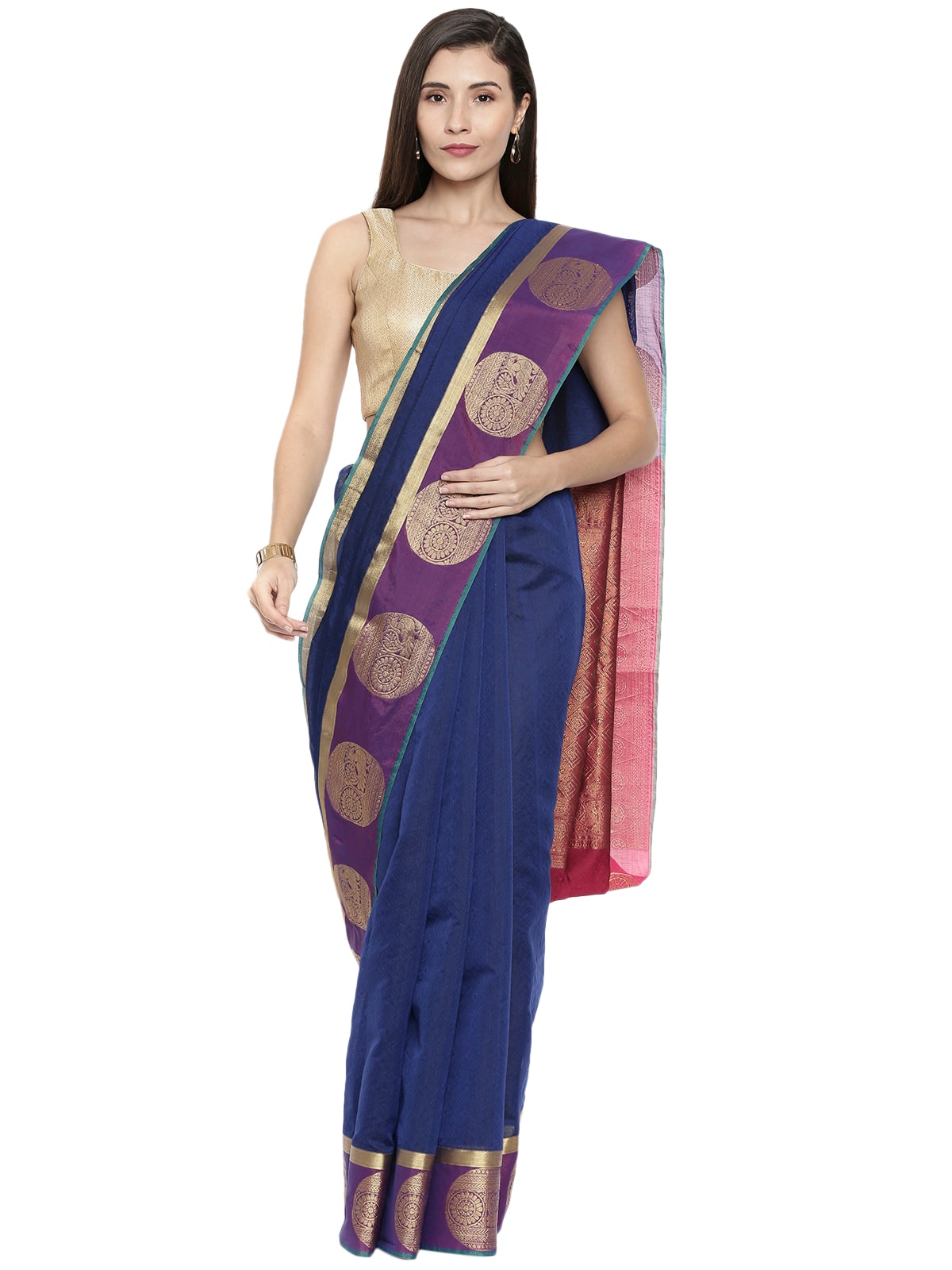 

The Chennai Silks Cotton Navy Blue Woven Regular Saree For Women