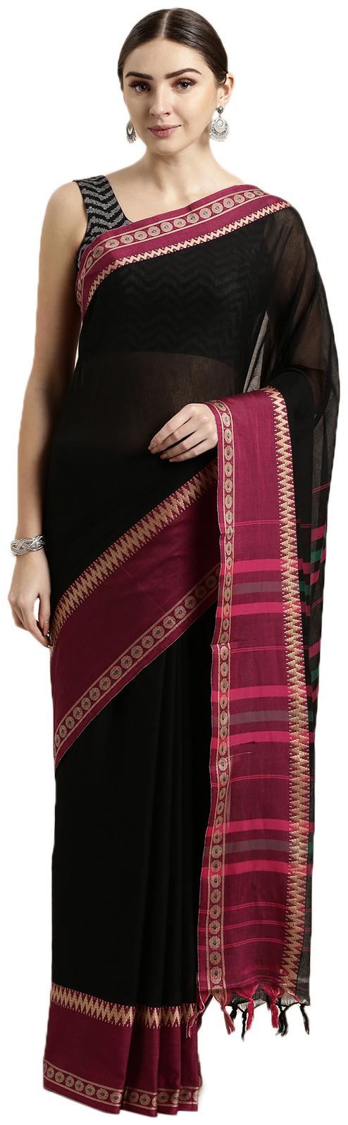 

The Chennai Silks Women Cotton Blend Black Regular Saree With Blouse