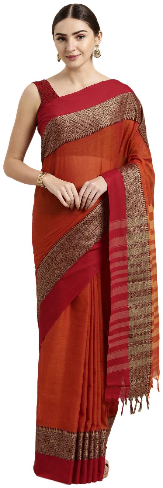 

The Chennai Silks Women Cotton Blend Orange Regular Saree With Blouse