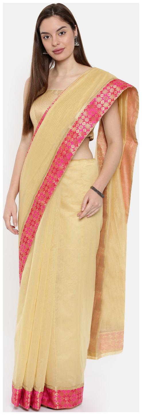 

The Chennai Silks Beige Solid Chanderi Regular Saree With Blouse With blouse