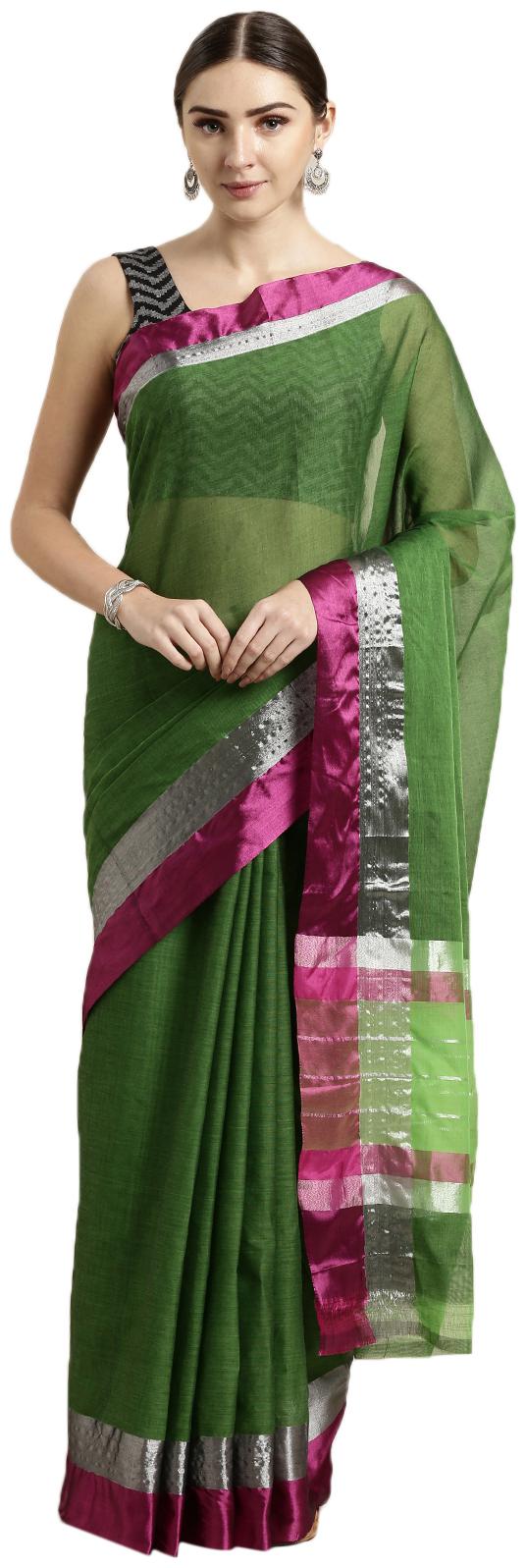 

The Chennai Silks Women Cotton Green Regular Saree With Blouse