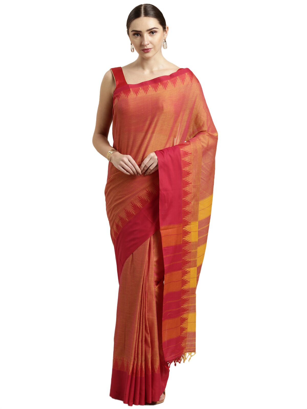 

The Chennai Silks Cotton Blend Orange Striped Regular Saree For Women