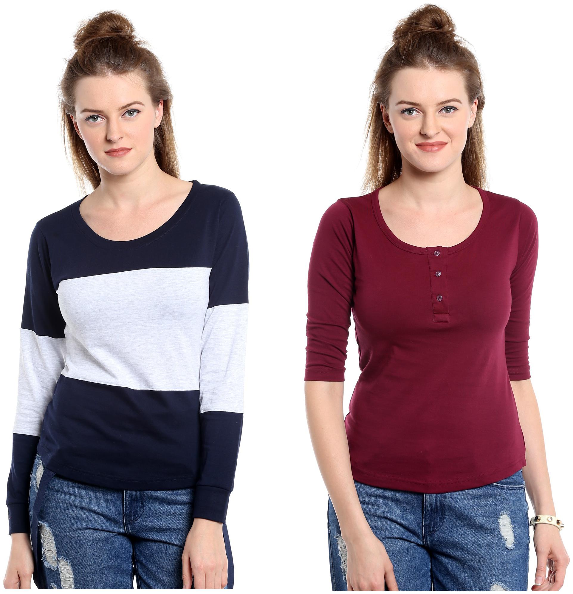 

THE DRY STATE Women Multi Slim fit Round neck Henley neck Cotton T shirt