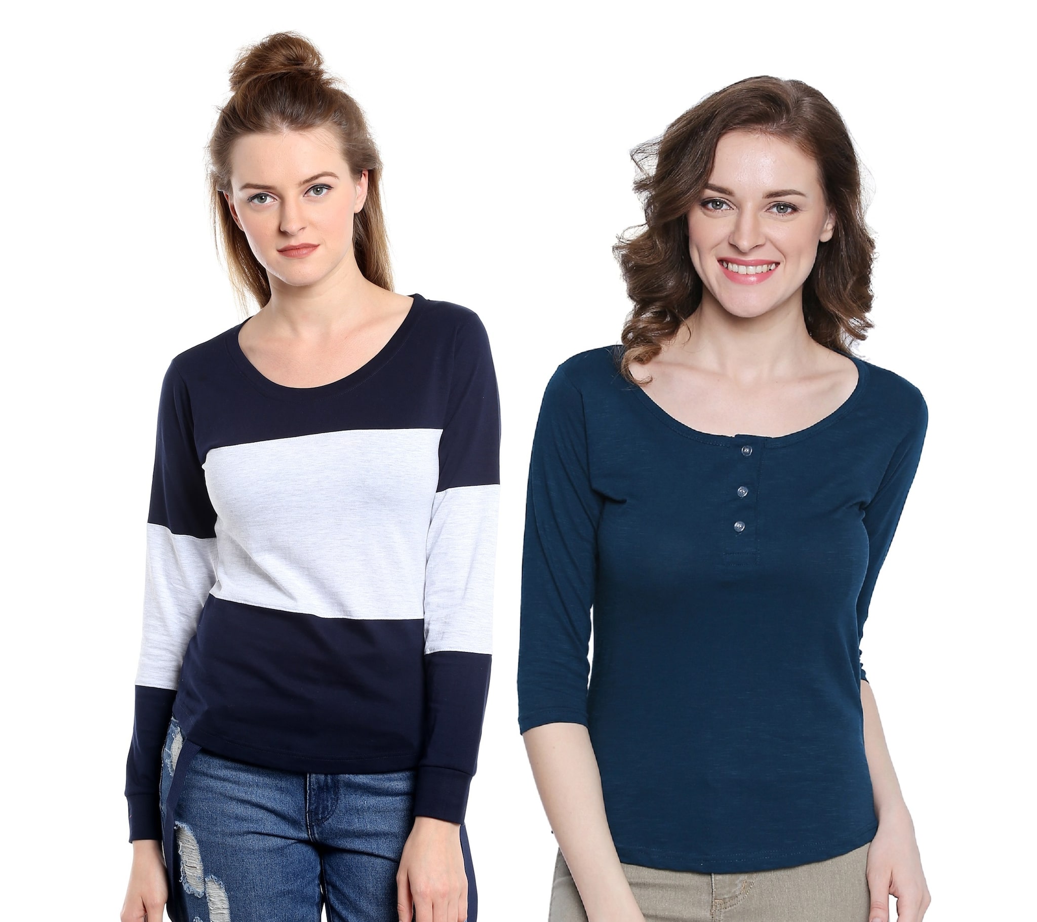 

THE DRY STATE Women Multi Blue Slim fit Round neck Henley neck Cotton T shirt