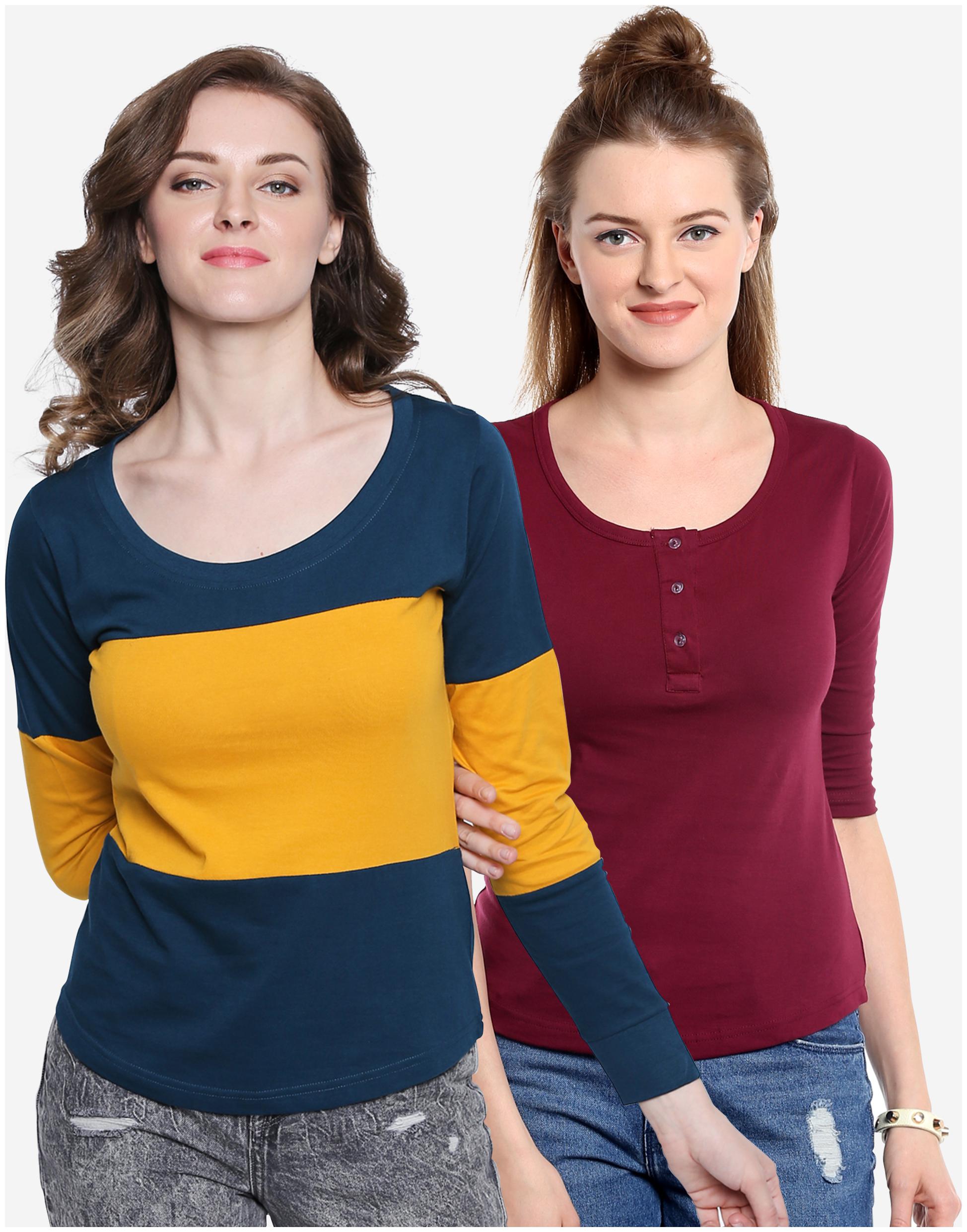 

THE DRY STATE Women Multi Maroon Slim fit Round neck Henley neck Cotton T shirt