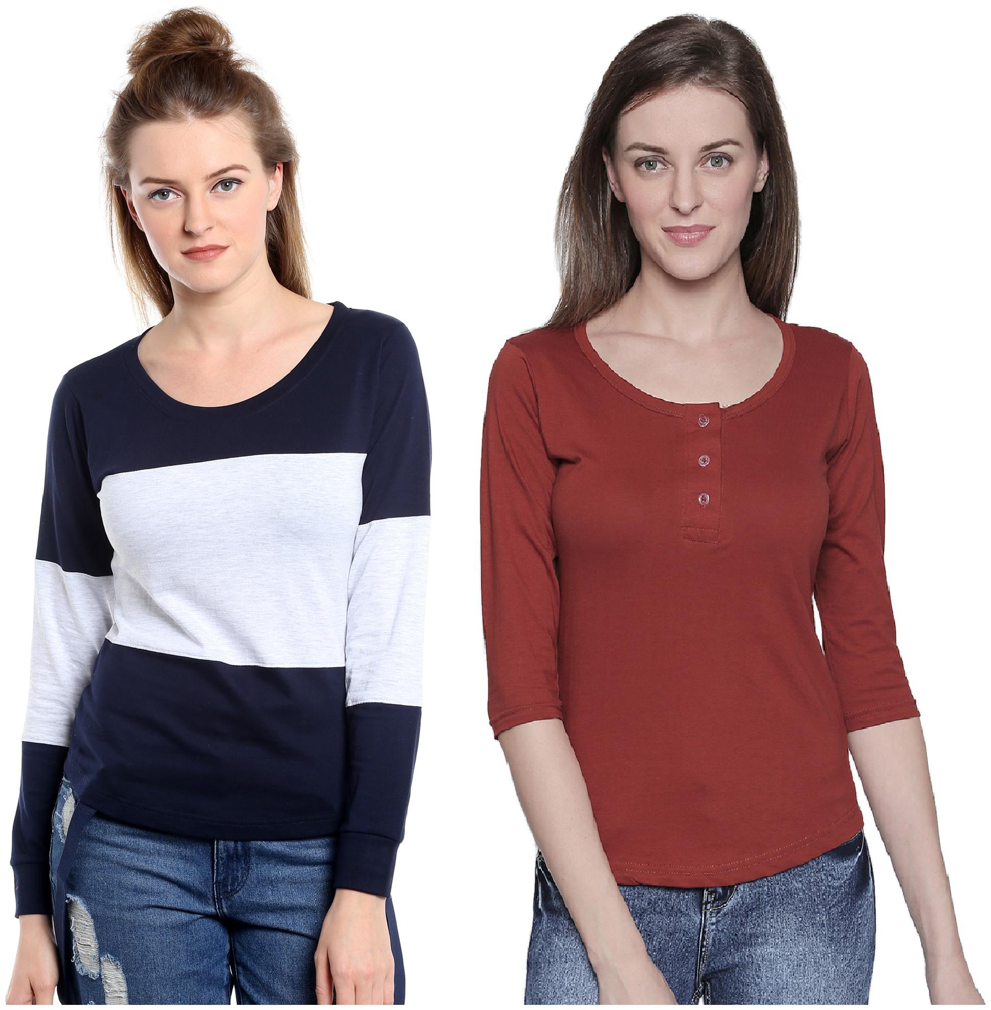 

THE DRY STATE Women Multi Red Slim fit Round neck Henley neck Cotton T shirt