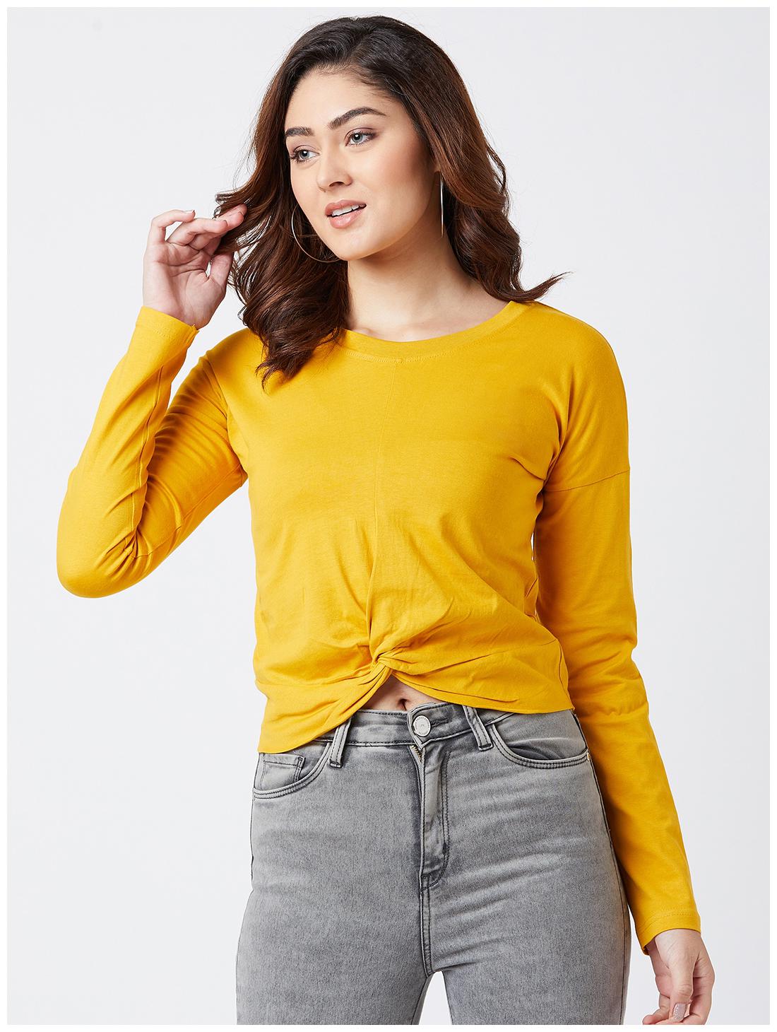 

THE DRY STATE Women Yellow Slim fit Round neck Cotton Knitted T shirt