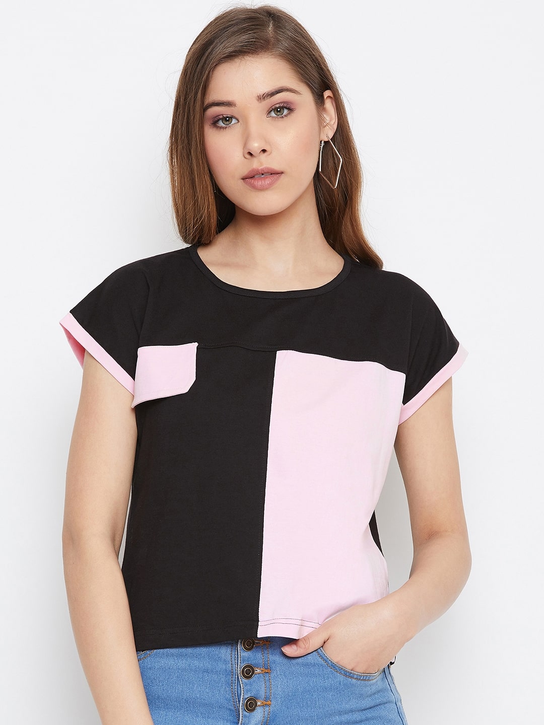 

THE DRY STATE Women Pink Black Slim fit Round neck Cotton Knitted T shirt
