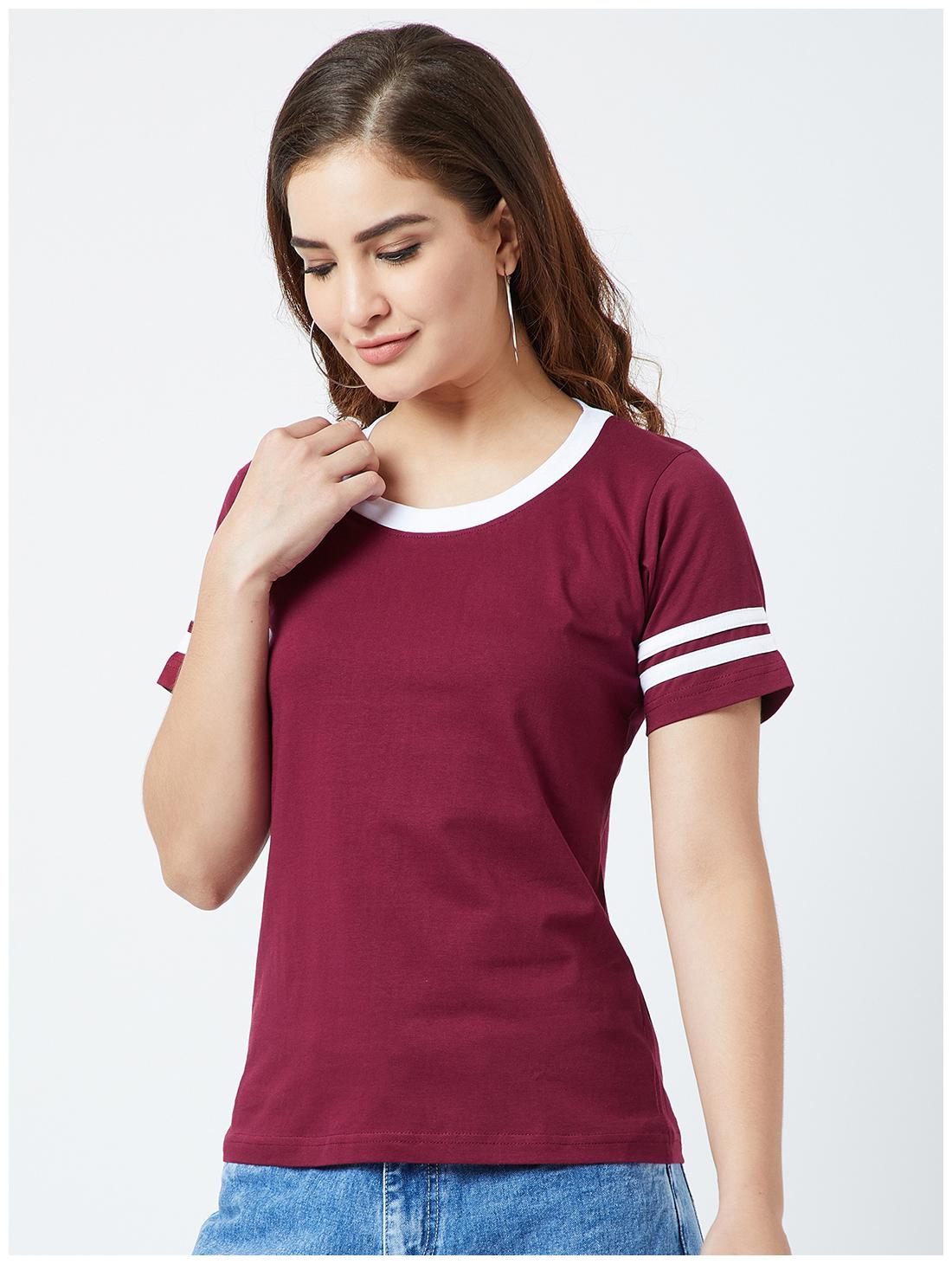

THE DRY STATE Women Burgundy Slim fit Round neck Cotton T shirt