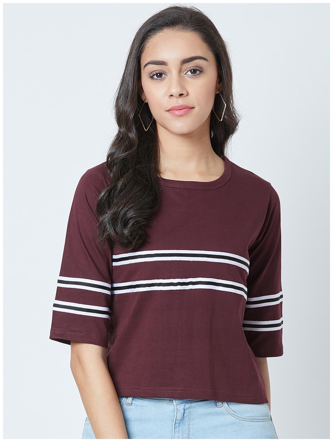 

THE DRY STATE Women Maroon Regular fit Round neck Cotton Knitted T shirt