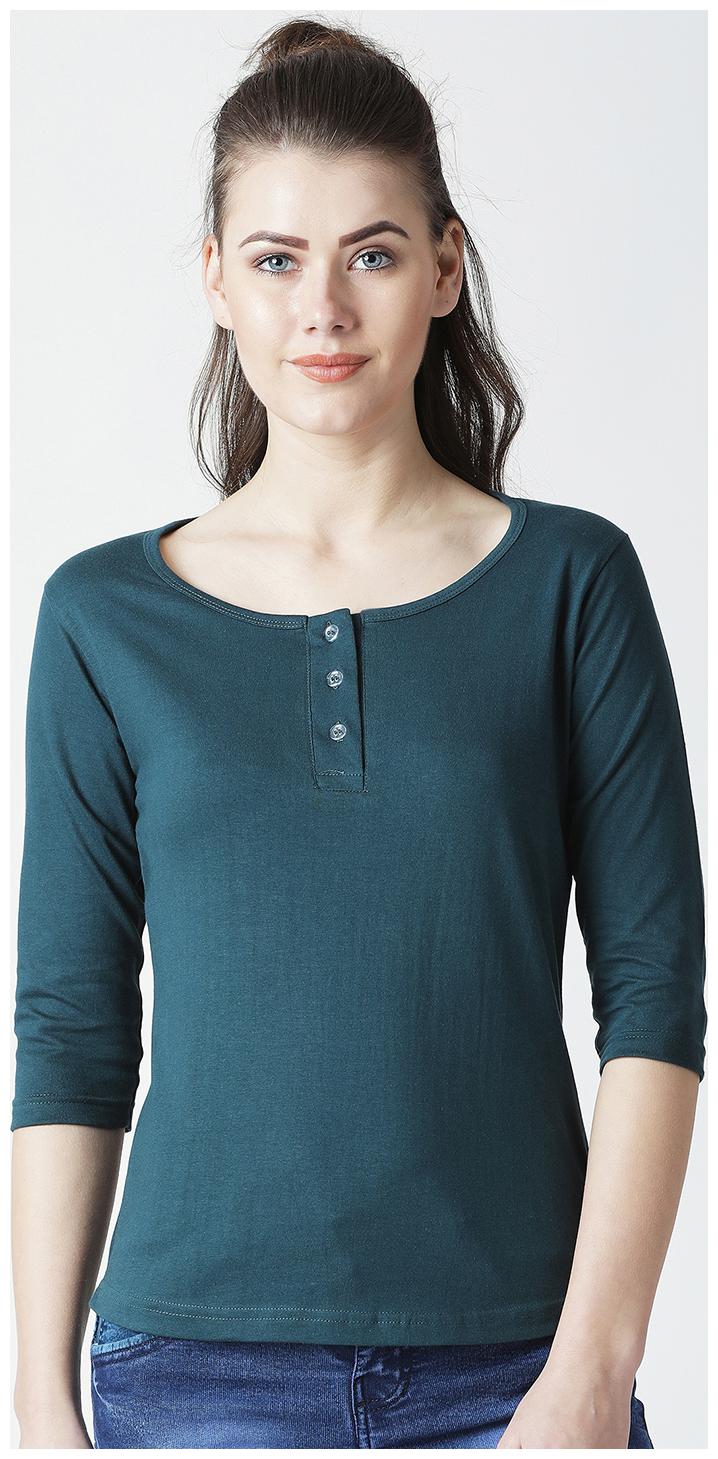 

THE DRY STATE Women Green Slim fit Henley neck Cotton T shirt
