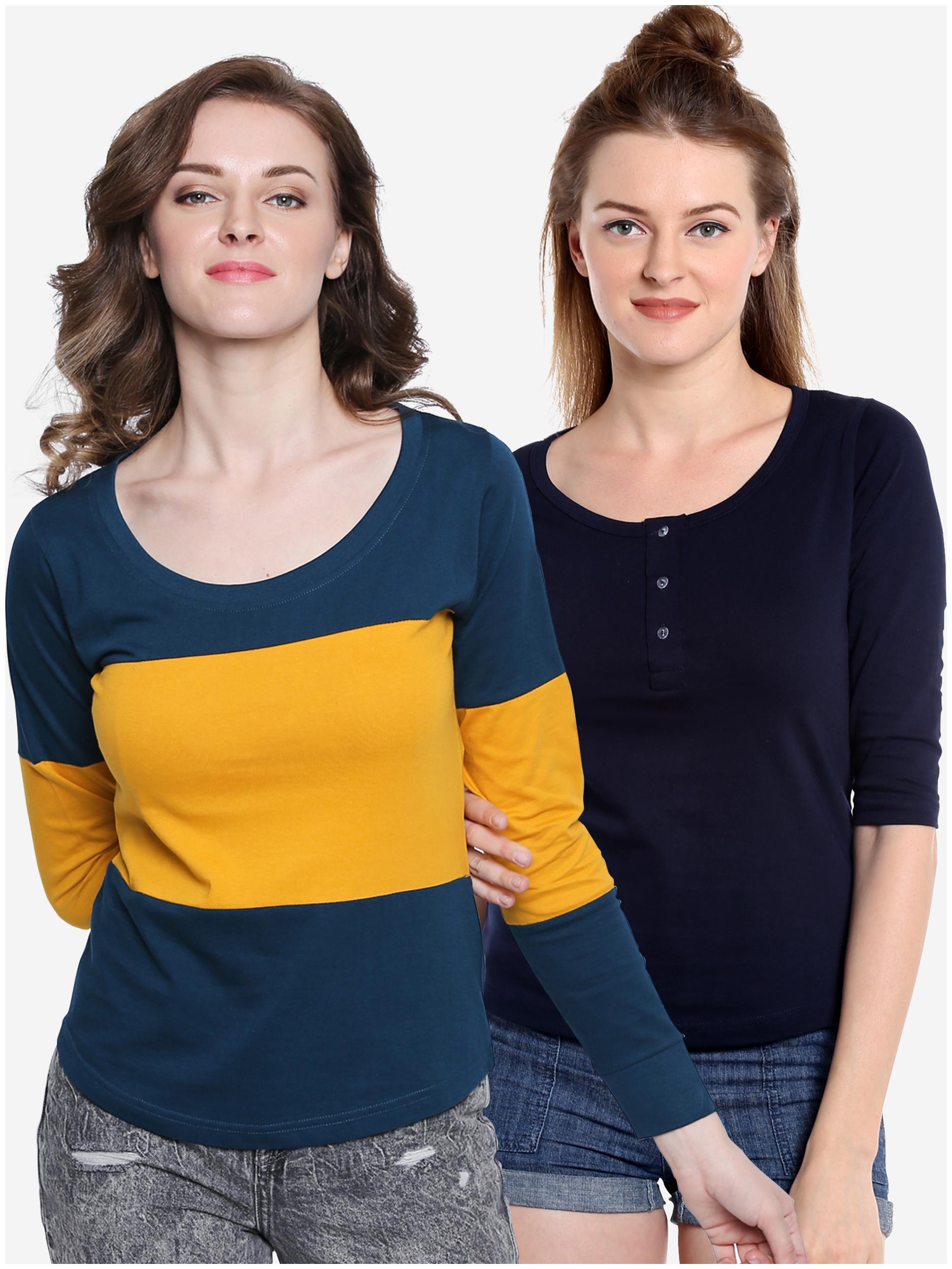

THE DRY STATE Women Multi Blue Slim fit Round neck Henley neck Cotton T shirt