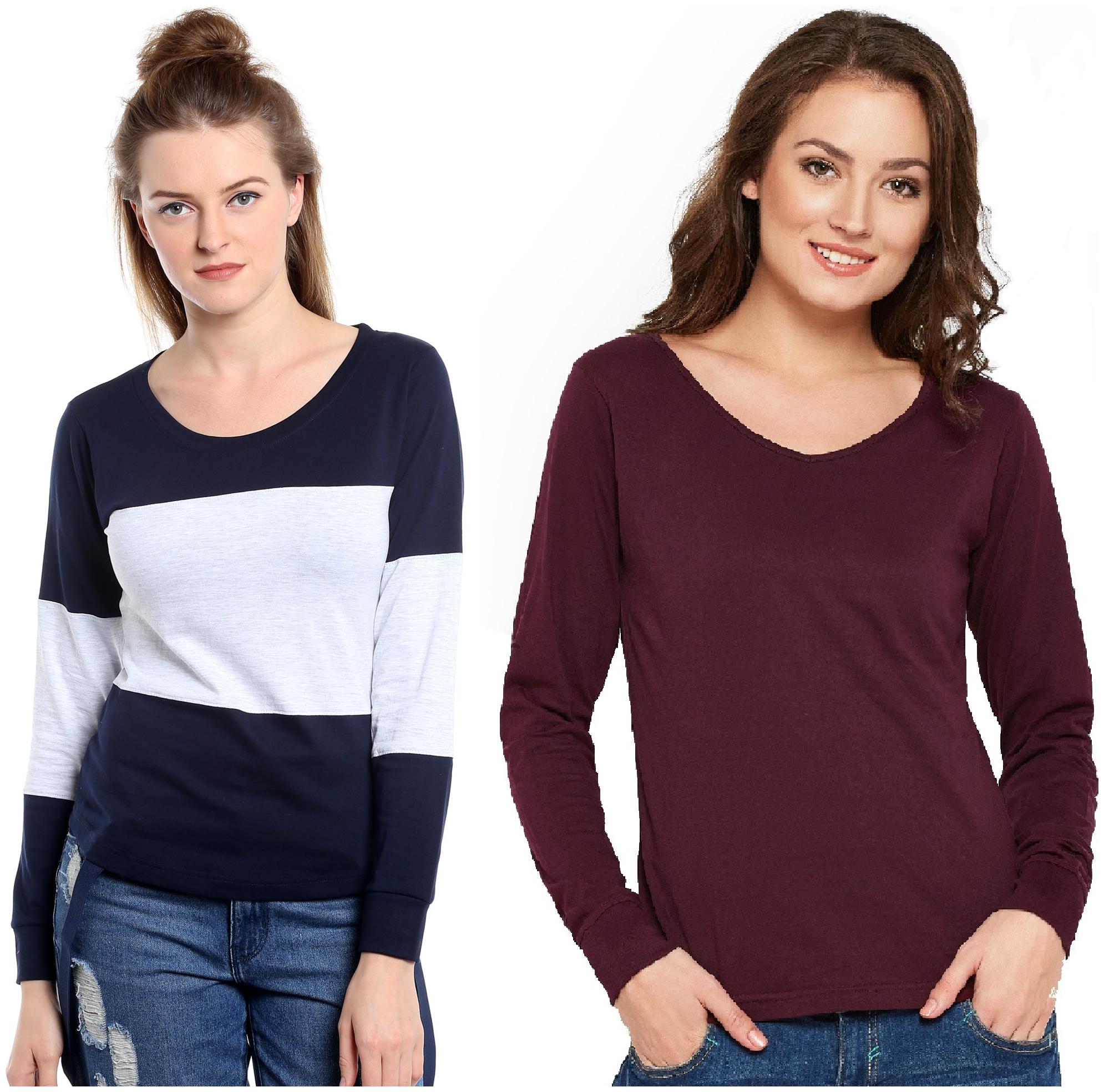 

THE DRY STATE Women Multi Maroon Slim fit Round neck Cotton T shirt
