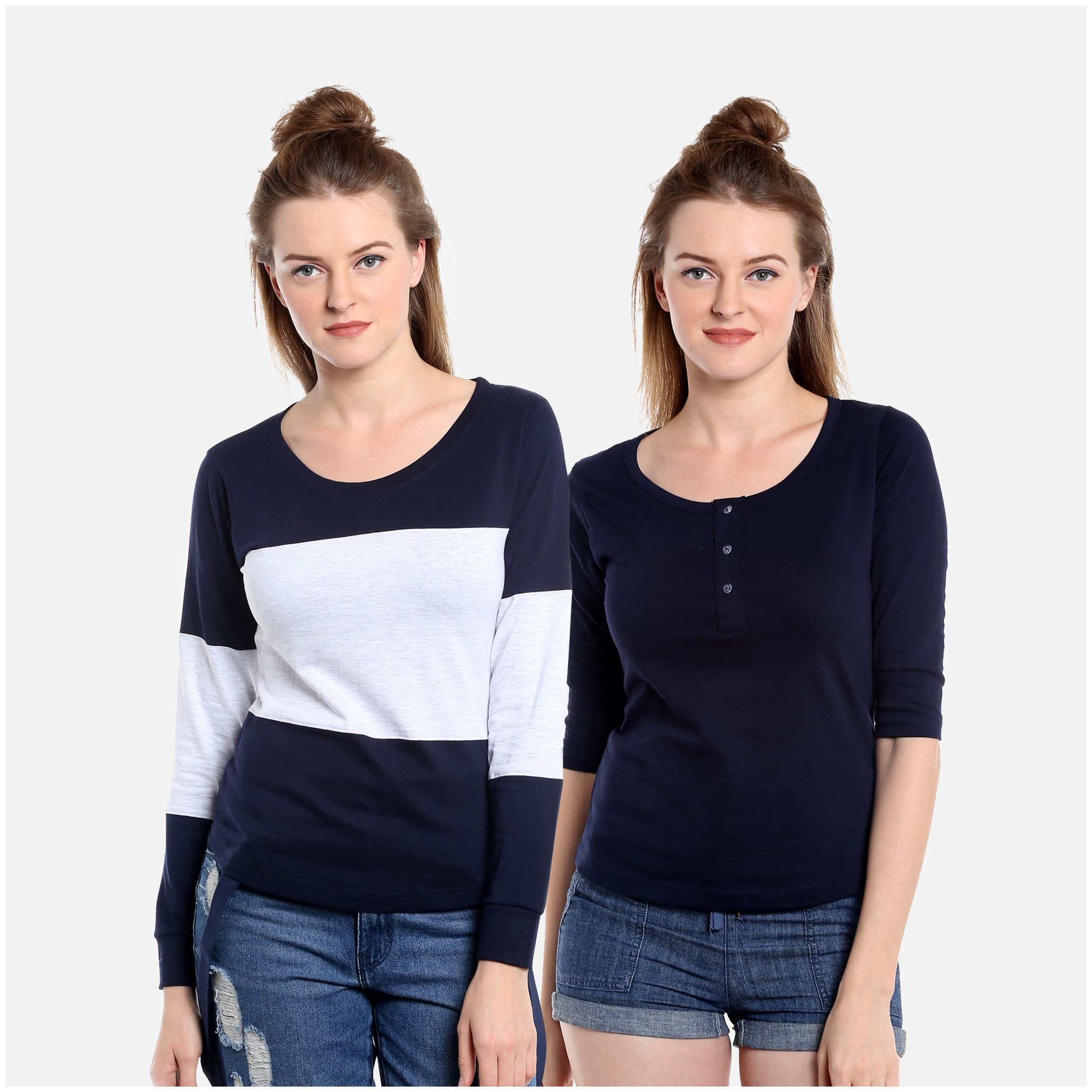 

THE DRY STATE Women Multi Slim fit Round neck Cotton Knitted T shirt