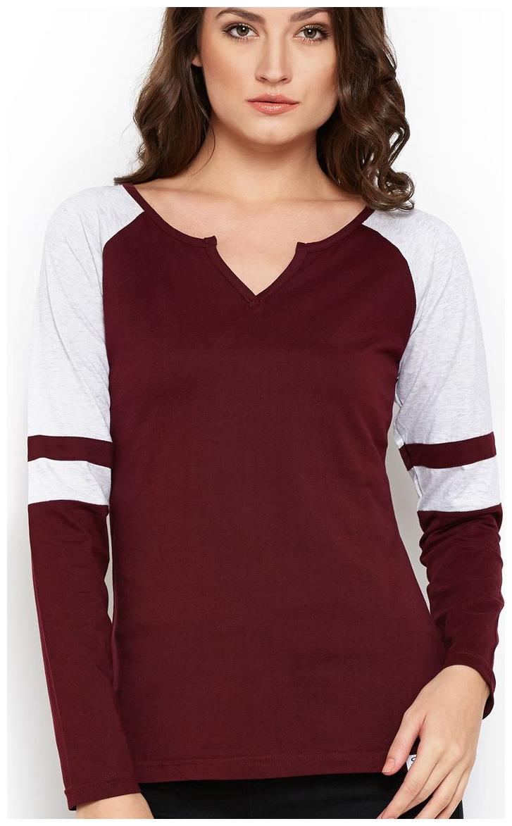 

THE DRY STATE Women Maroon Slim fit Henley neck Cotton T shirt