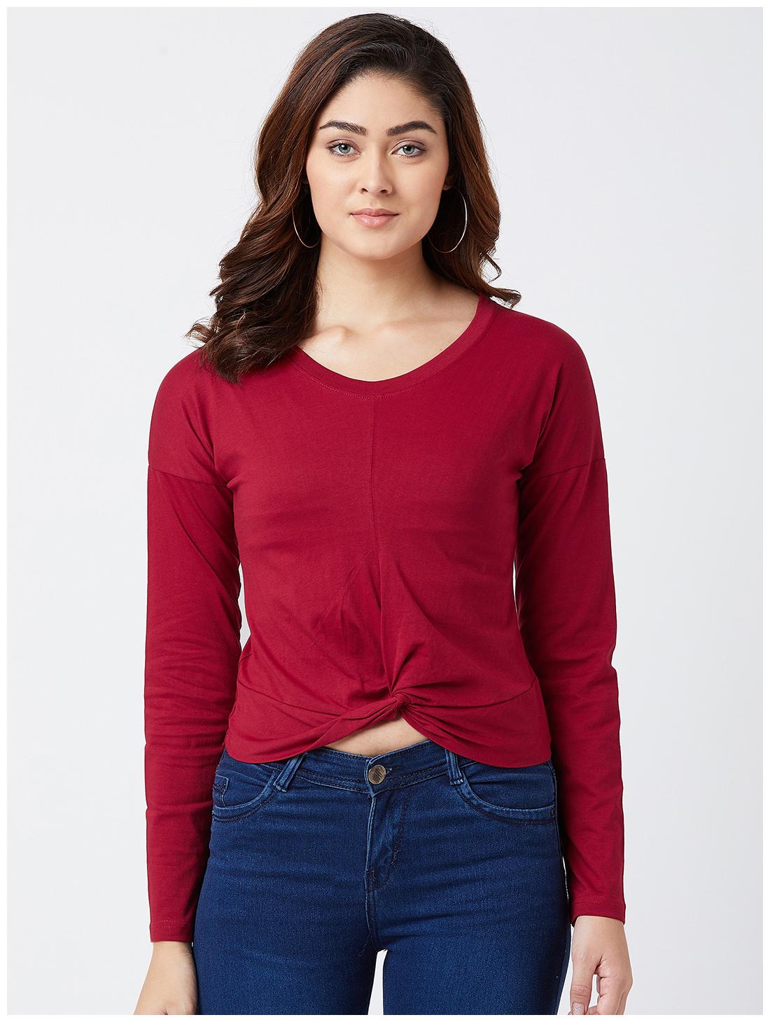 

THE DRY STATE Women Maroon Slim fit Round neck Cotton Knitted T shirt