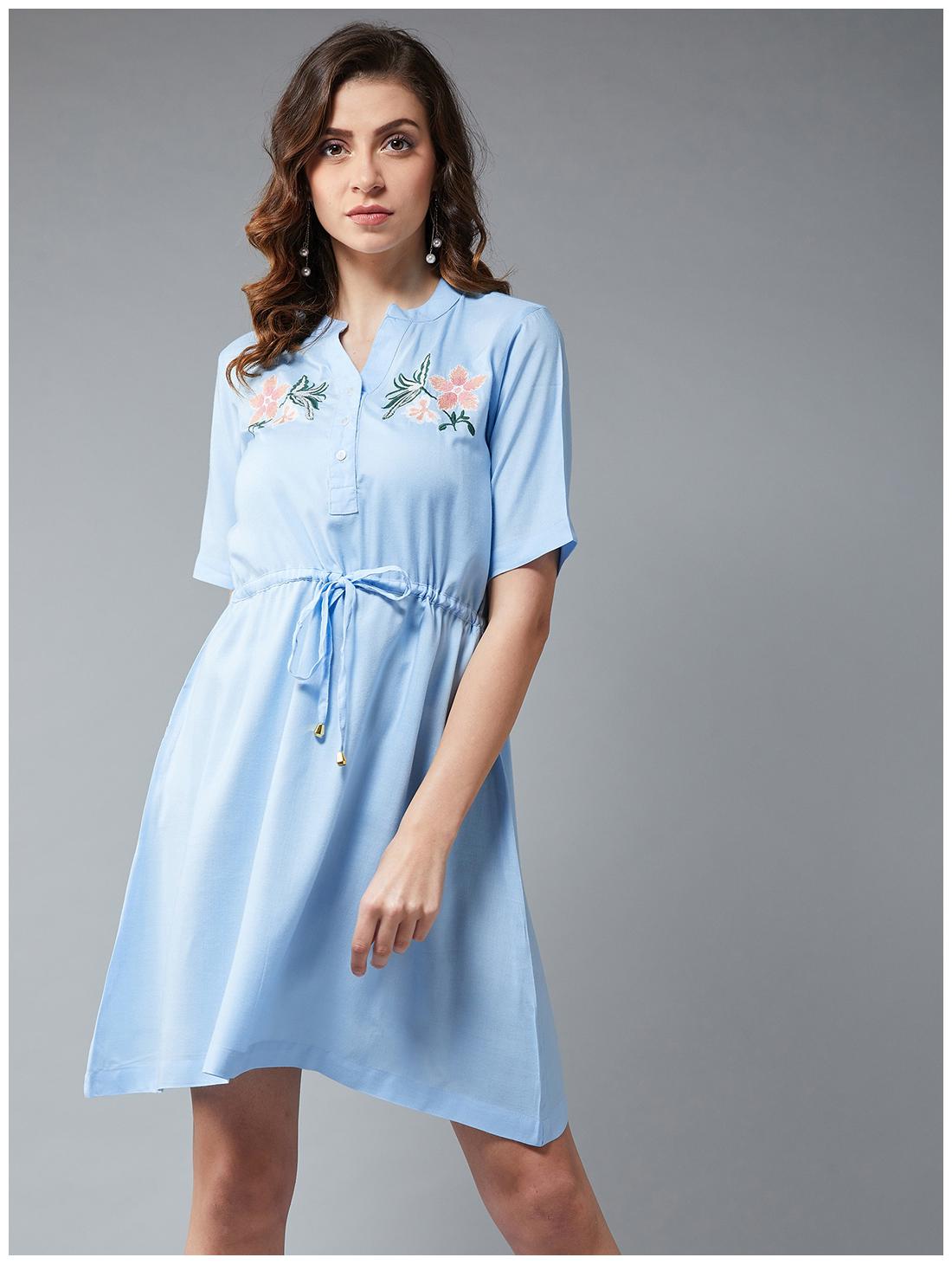 

The Dry State Women Blue Colour Embroidered Empire Waist A line Dress