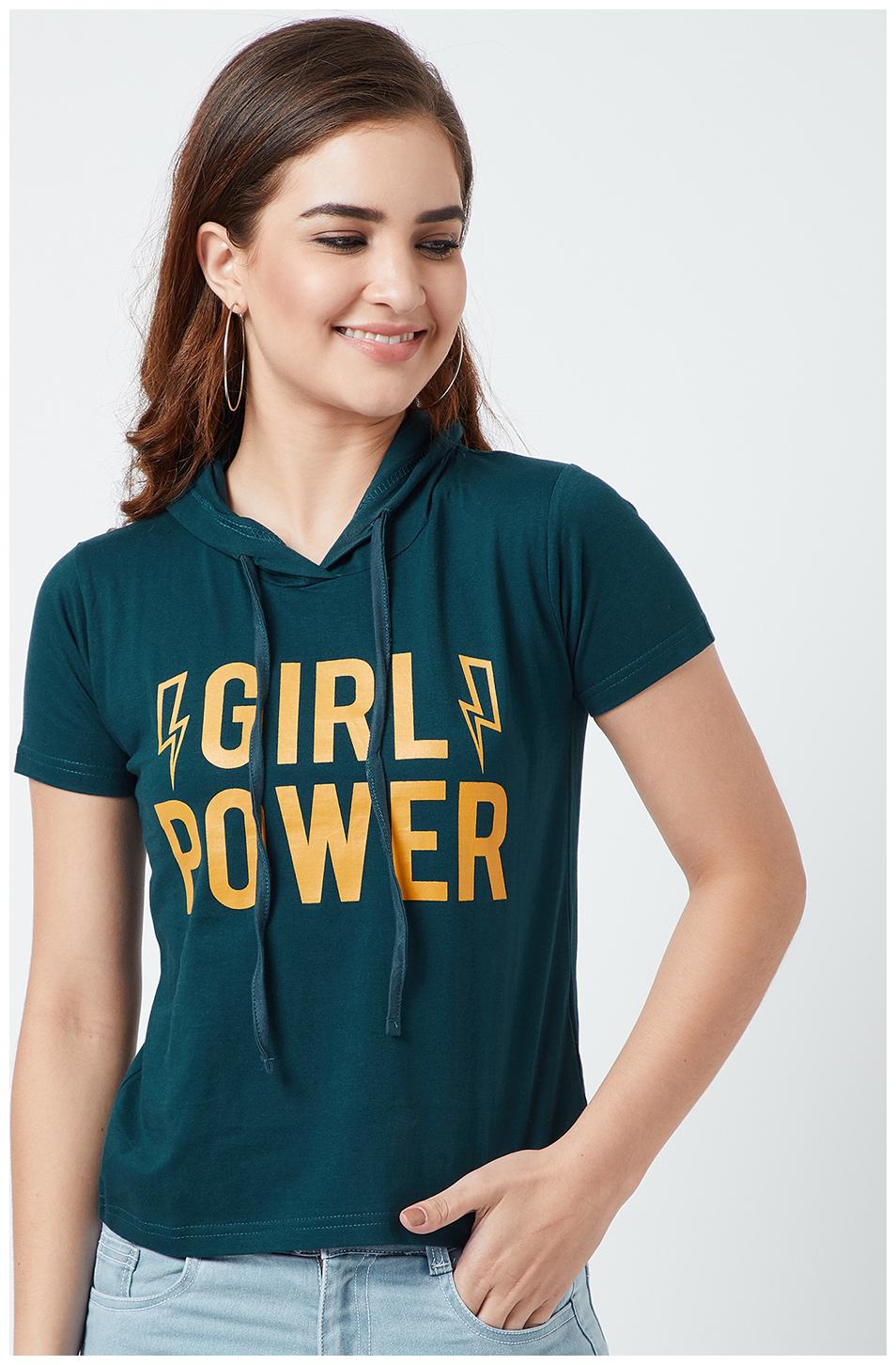

THE DRY STATE Women Green Slim fit Hooded Cotton T shirt