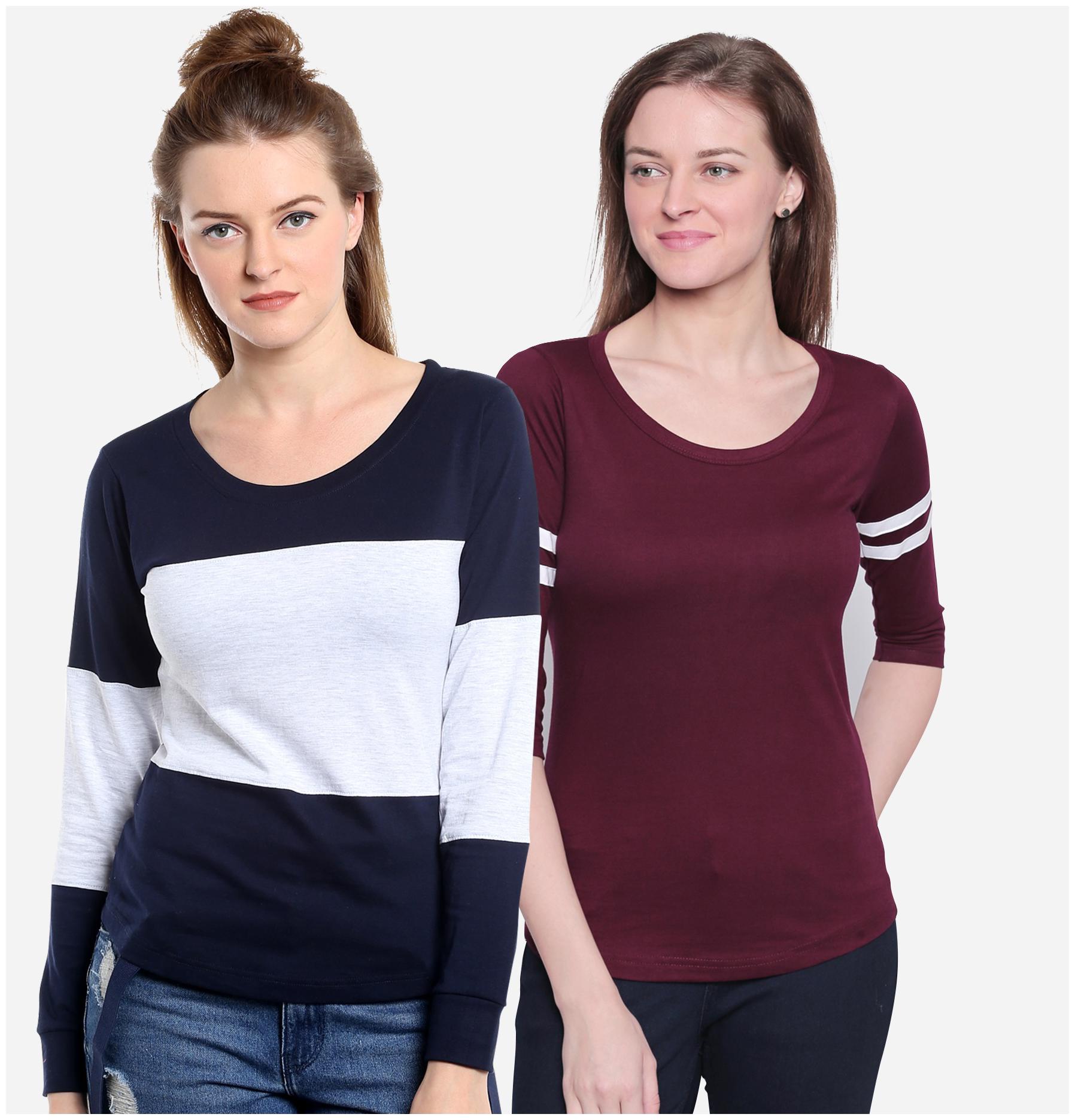 

THE DRY STATE Women Multi Slim fit Round neck Cotton Knitted T shirt