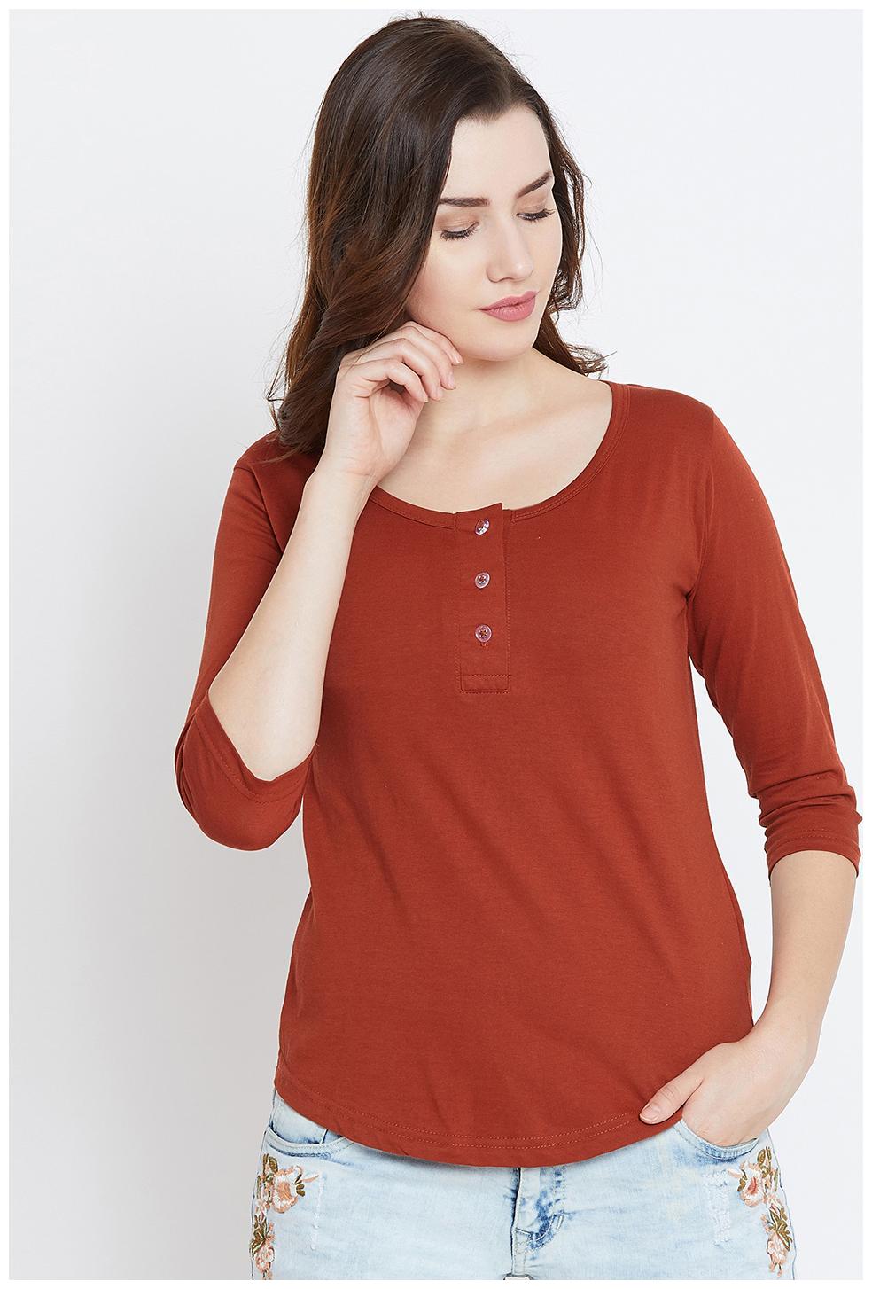 

THE DRY STATE Women Red Slim fit Henley neck Cotton T shirt