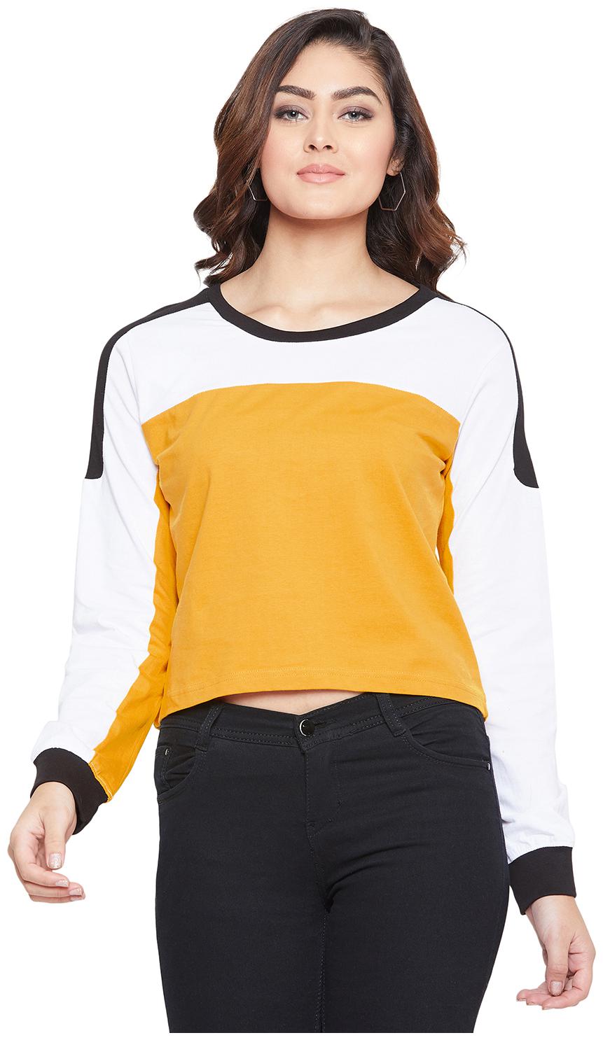 

THE DRY STATE Women Mustard White Slim fit Round neck Cotton Knitted T shirt