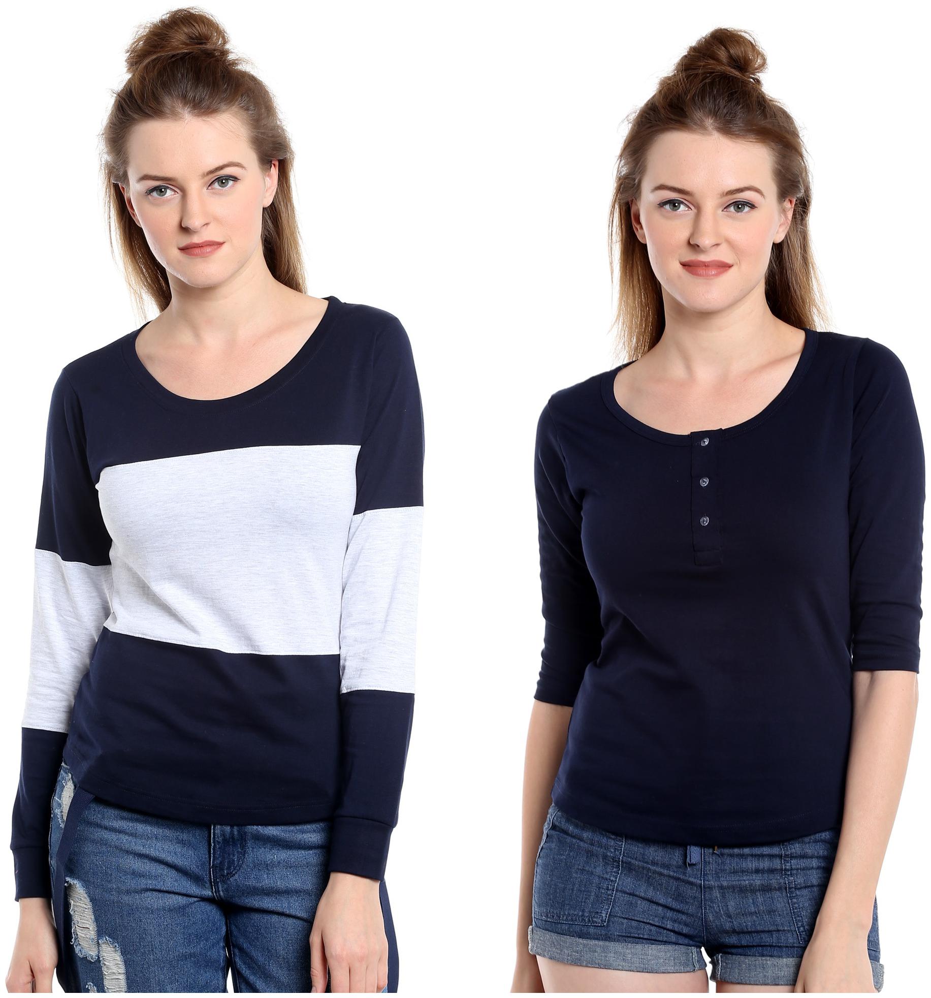 

THE DRY STATE Women Multi Slim fit Round neck Henley neck Cotton T shirt