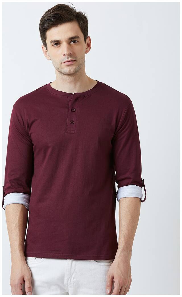 The Dry State Men's Round Neck Full Sleeve Burgundy Cotton T-Shirt