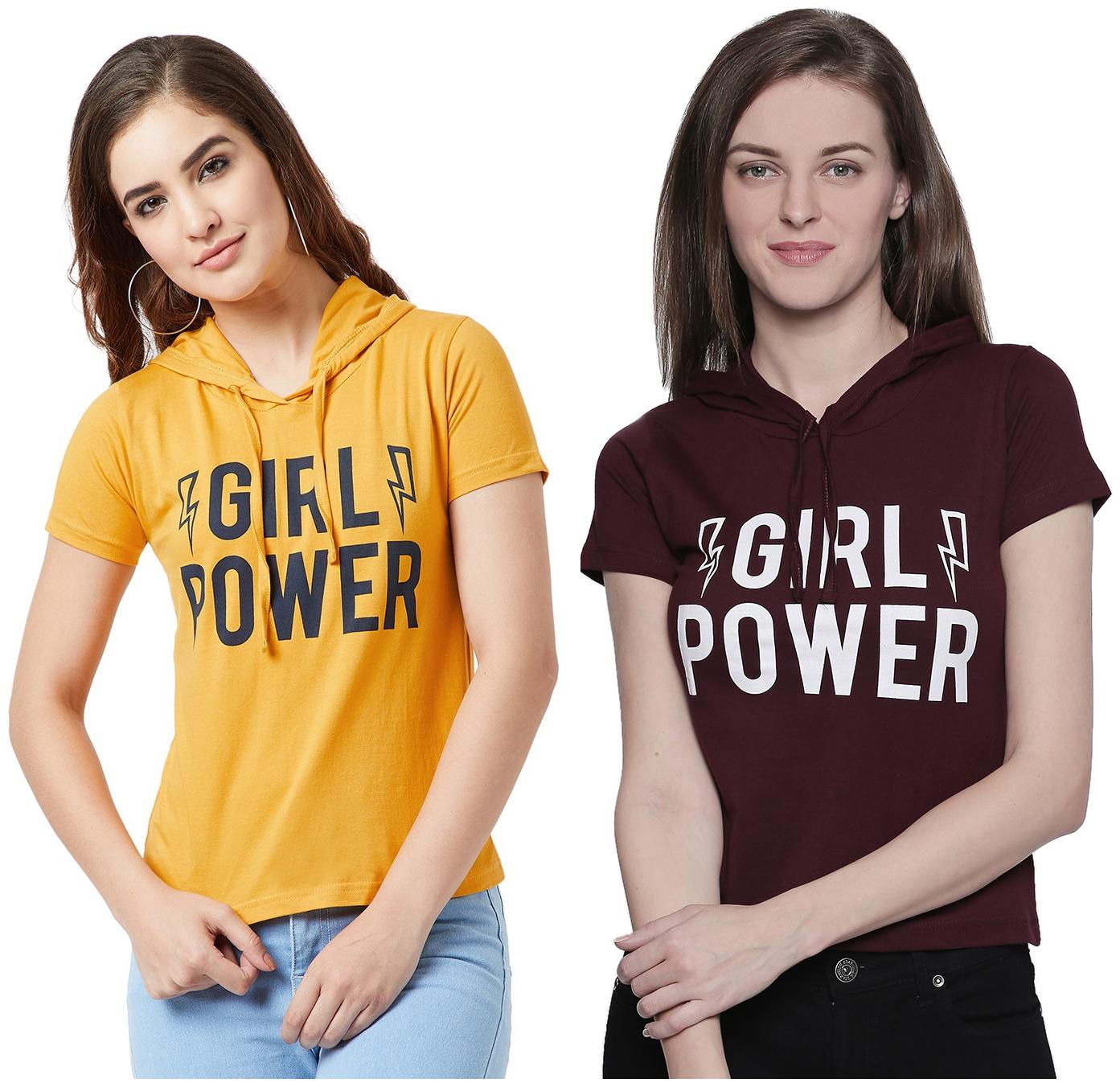 

THE DRY STATE Women Yellow Maroon Regular fit Hooded Cotton T shirt