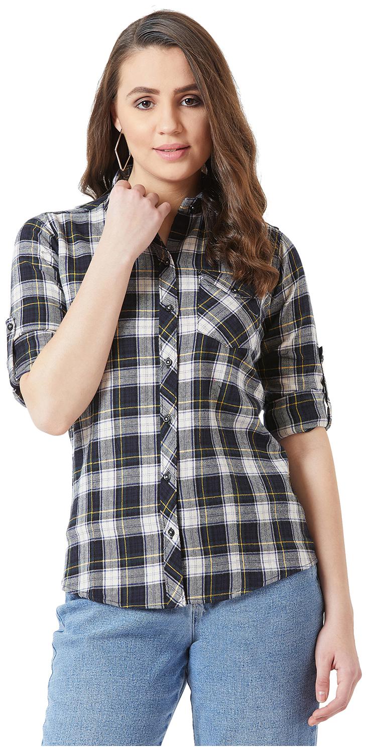 

THE DRY STATE Women Black White Checked Regular Fit Shirt