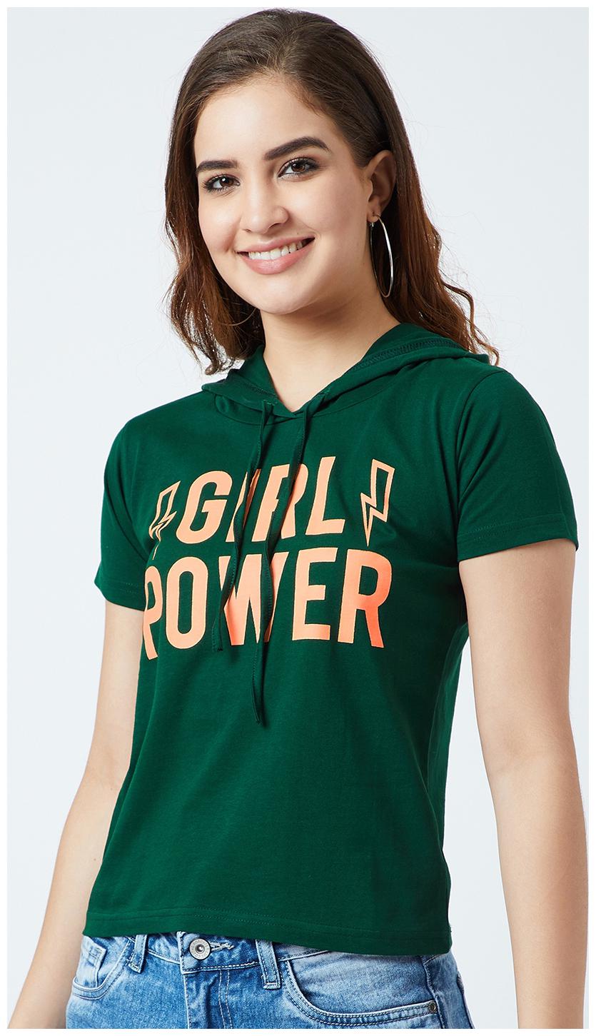

THE DRY STATE Women Green Slim fit Hooded Cotton T shirt