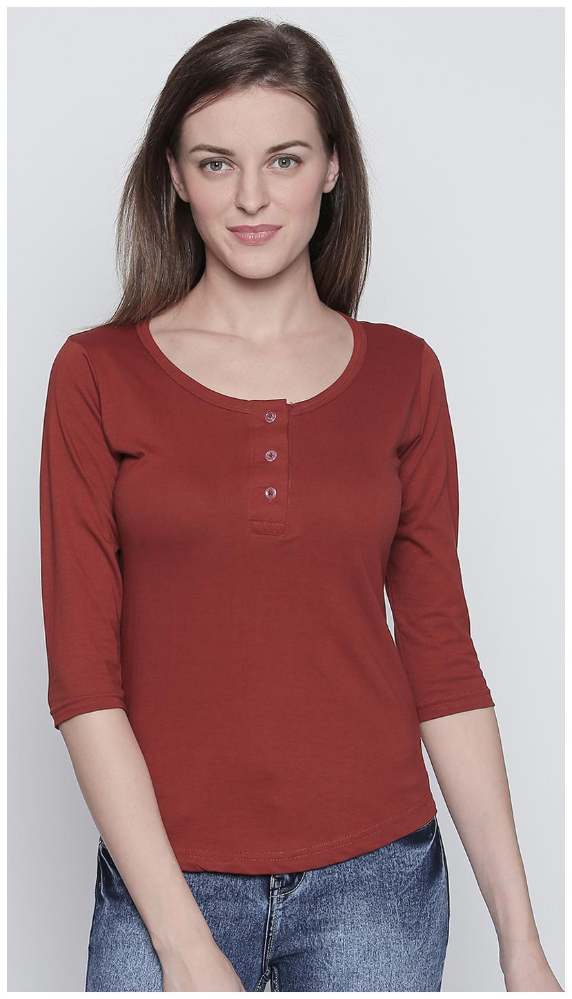 

THE DRY STATE Women Red Slim fit Henley neck Cotton T shirt