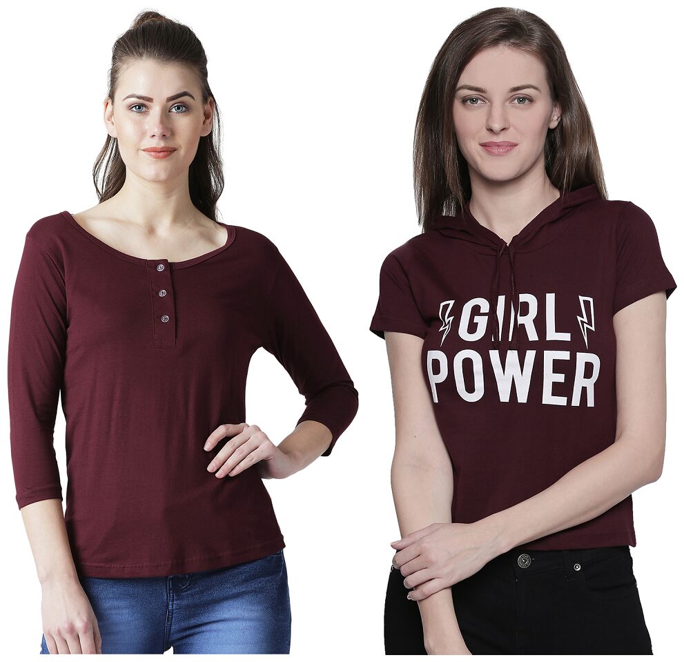 

THE DRY STATE Women Maroon Regular fit Henley neck Cotton T shirt