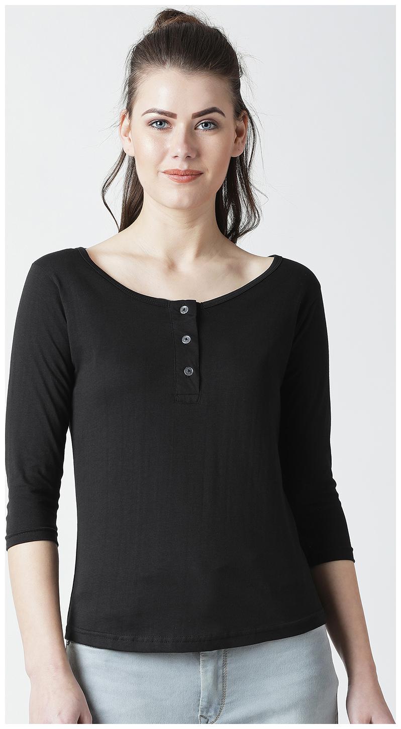

THE DRY STATE Women Black Slim fit Henley neck Cotton T shirt
