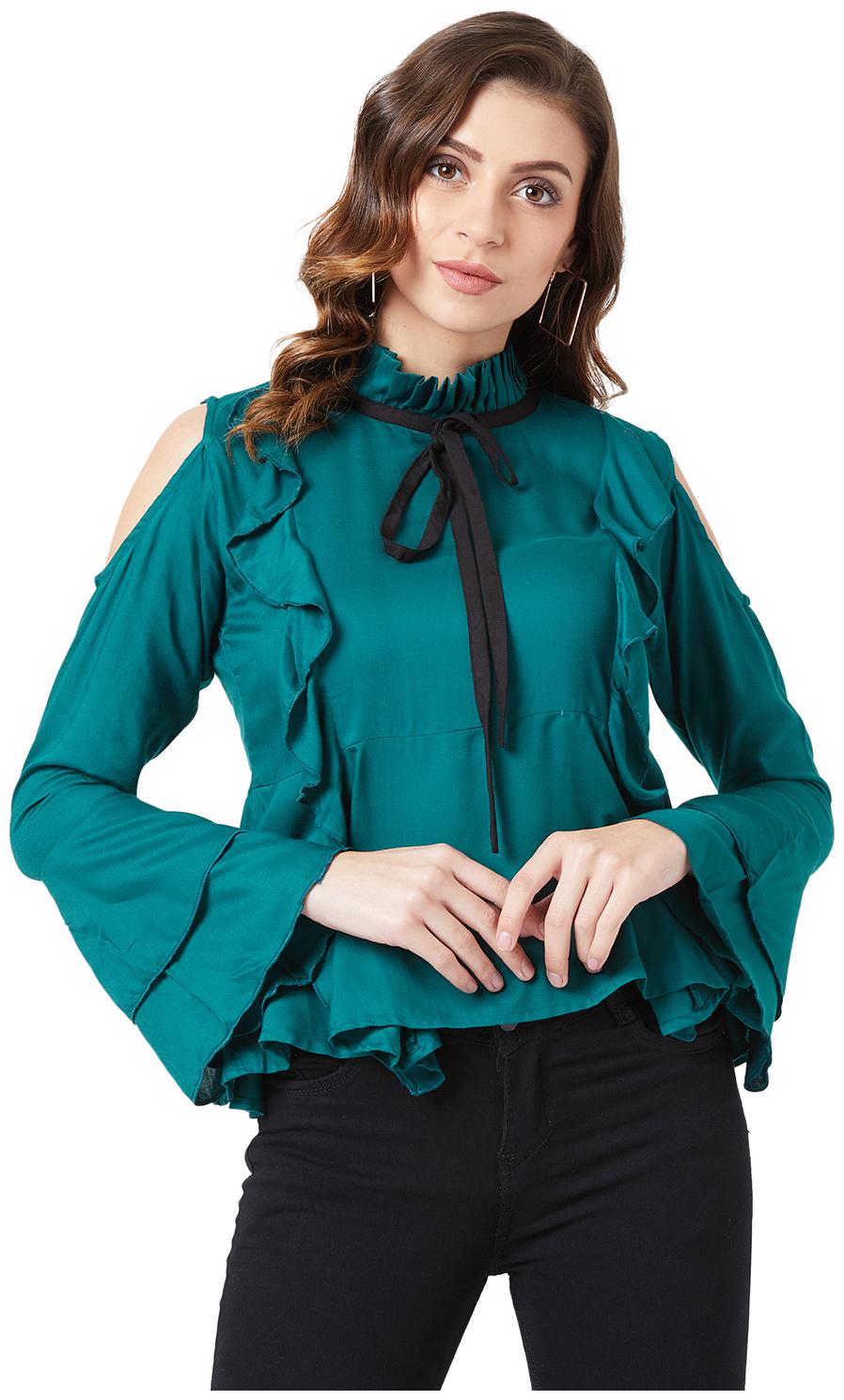 

The Dry State Casual Bell Sleeve Solid Women Green Top