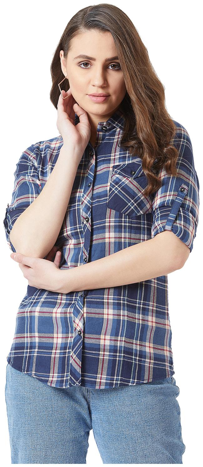 

THE DRY STATE Women Blue White Checked Regular Fit Shirt
