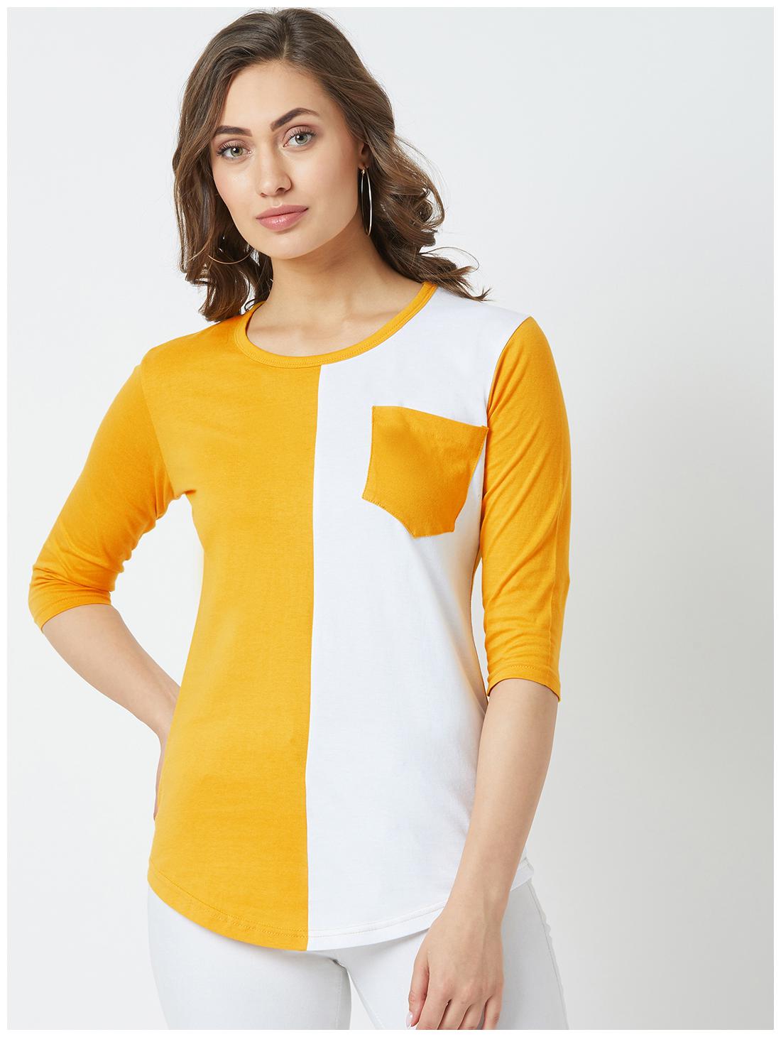 

THE DRY STATE Women White Yellow Slim fit Round neck Cotton T shirt