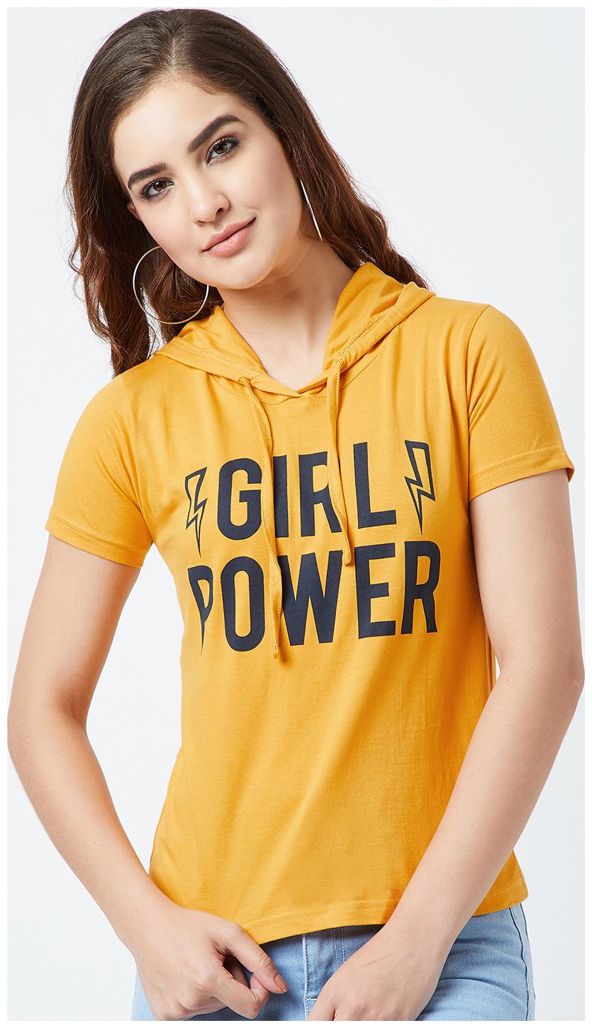 

THE DRY STATE Women Yellow Slim fit Hooded Cotton T shirt