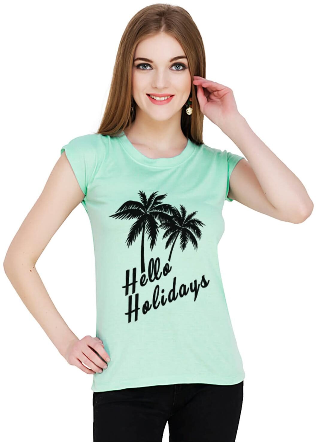 

baluchi Women Green Regular fit Round neck Cotton T shirt