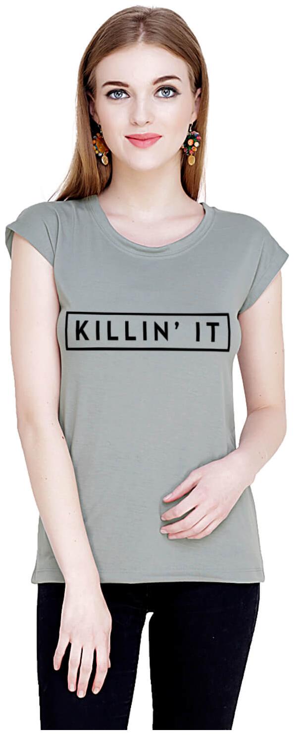 

baluchi Women Grey Regular fit Round neck Cotton Polyester T shirt