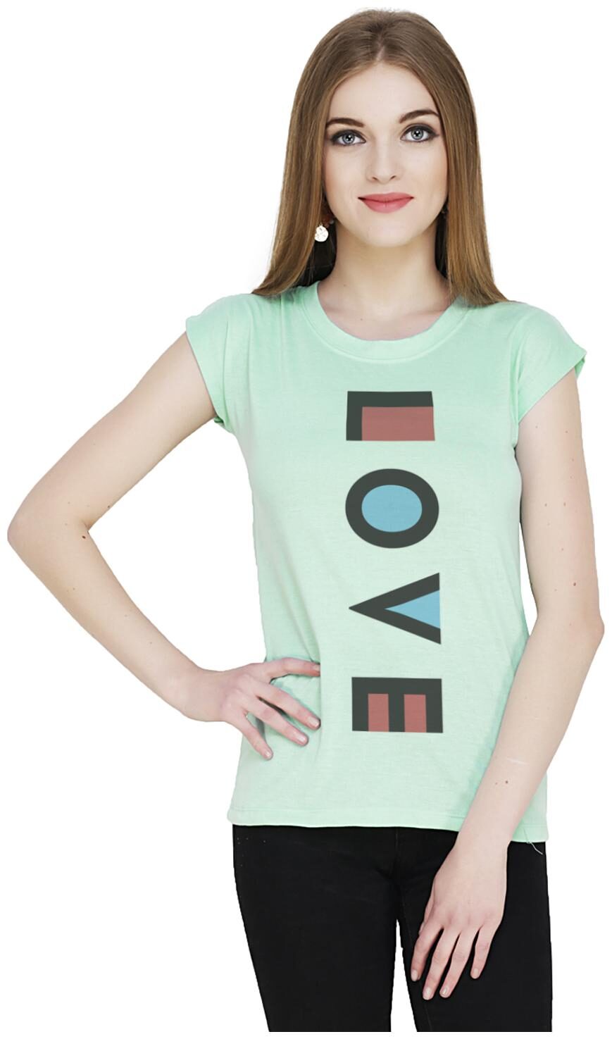 

baluchi Women Sea green Regular fit Round neck Blended T shirt