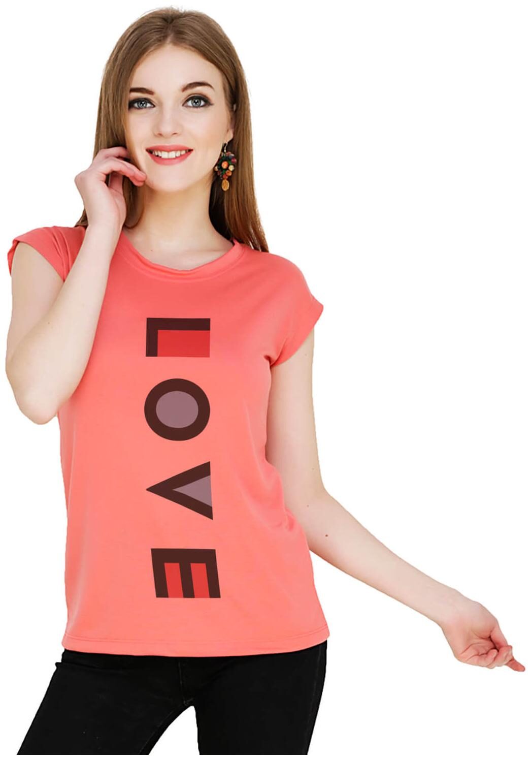 

baluchi Women Orange Regular fit Round neck Cotton Polyester T shirt
