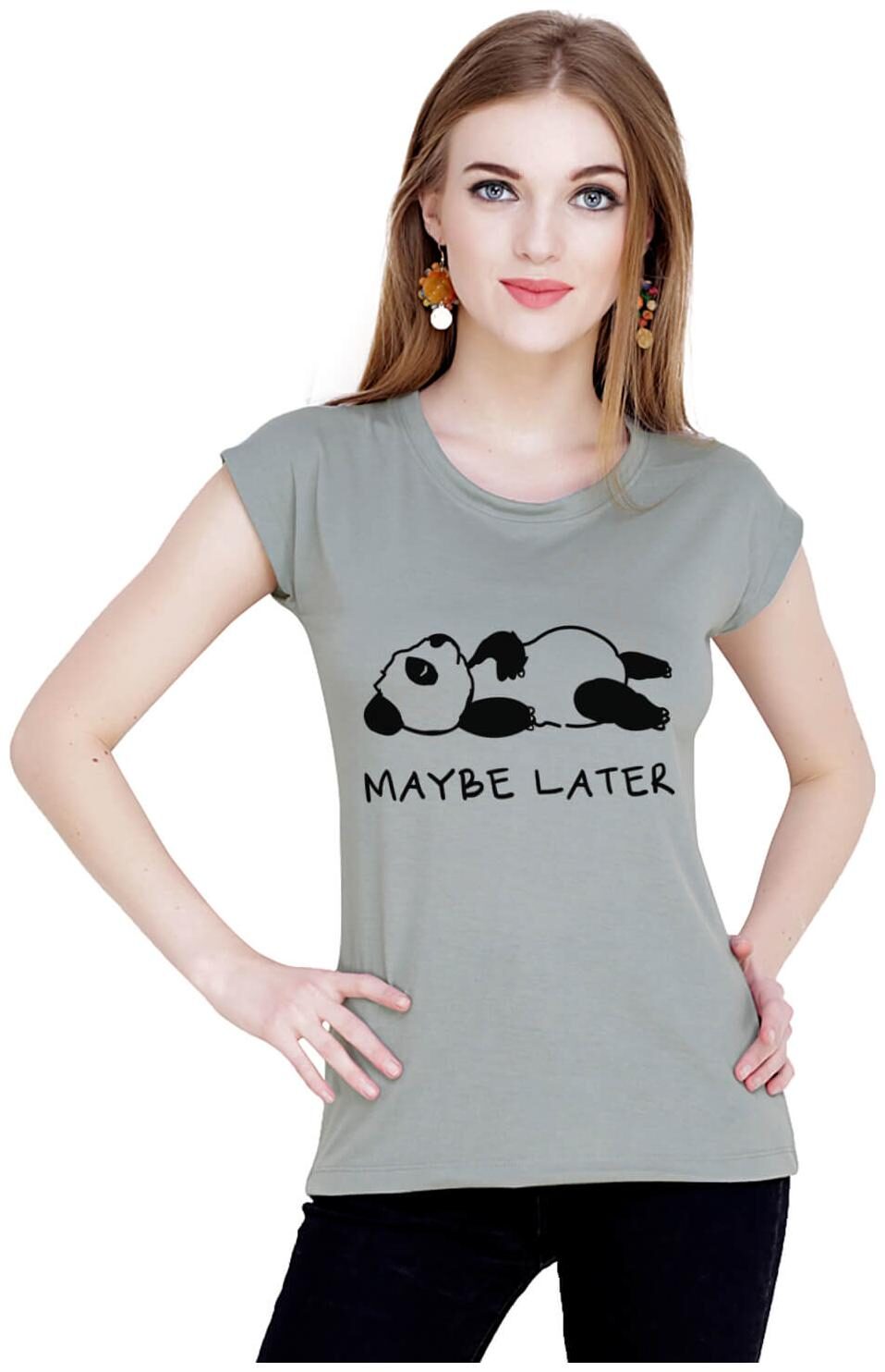 

baluchi Women Grey Regular fit Round neck Cotton Polyester T shirt